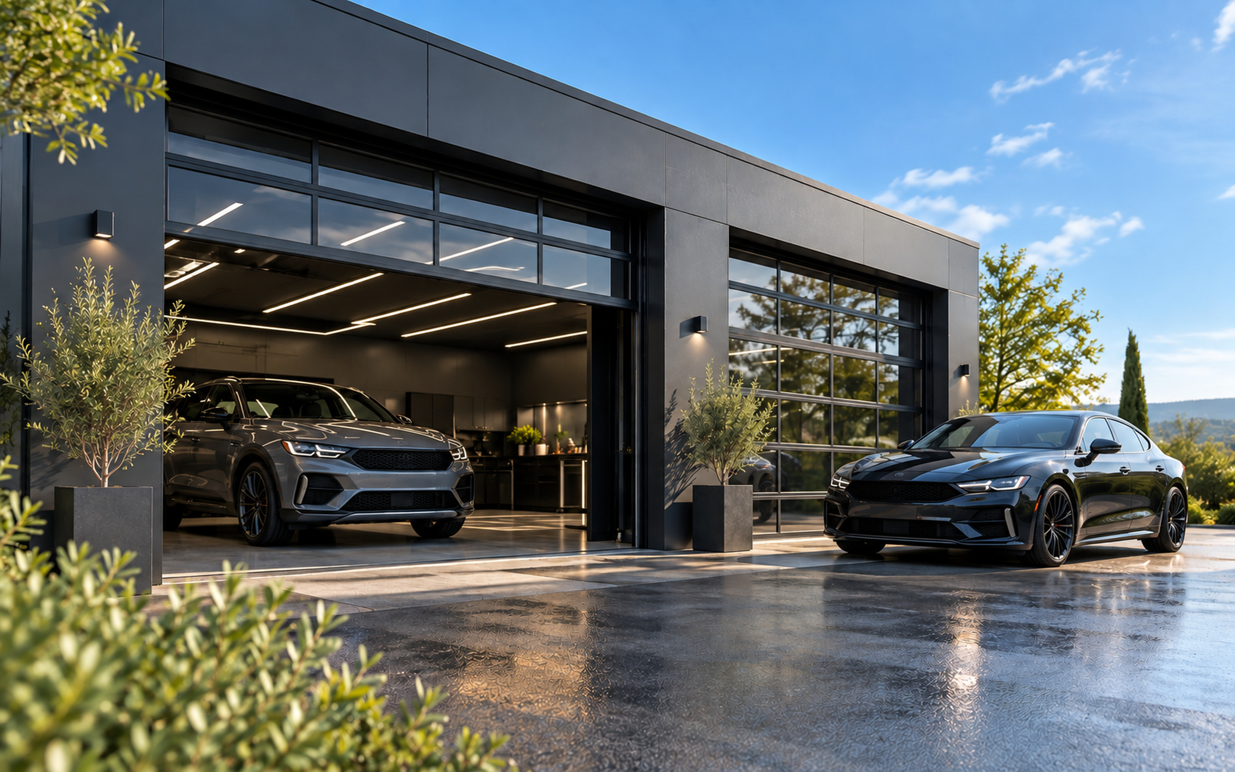 façade de garage moderne gris anthracite, porte vitrée, ciel bleu