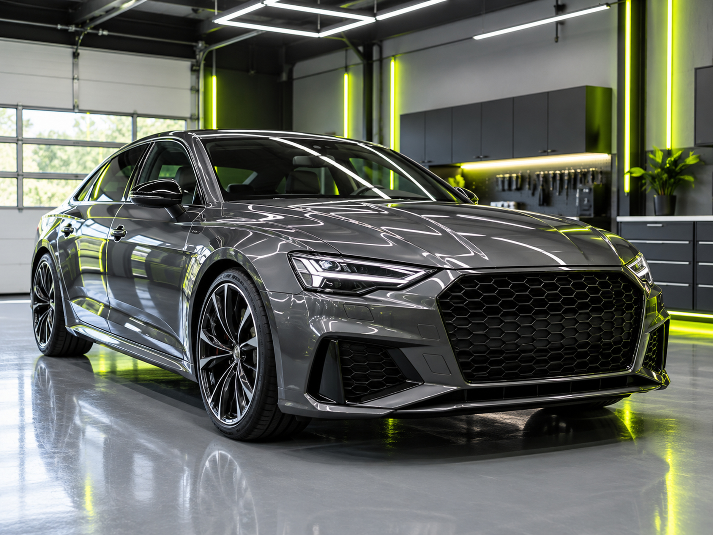 voiture propre dans un garage moderne lumineux, sol époxy gris, néons